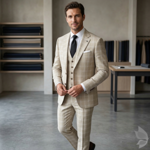 Raymond Champions Collection made from Super 90s wool stretch for ultra fit Beige checkered unstitched suit fabric of 3.5 Mts / VV2688